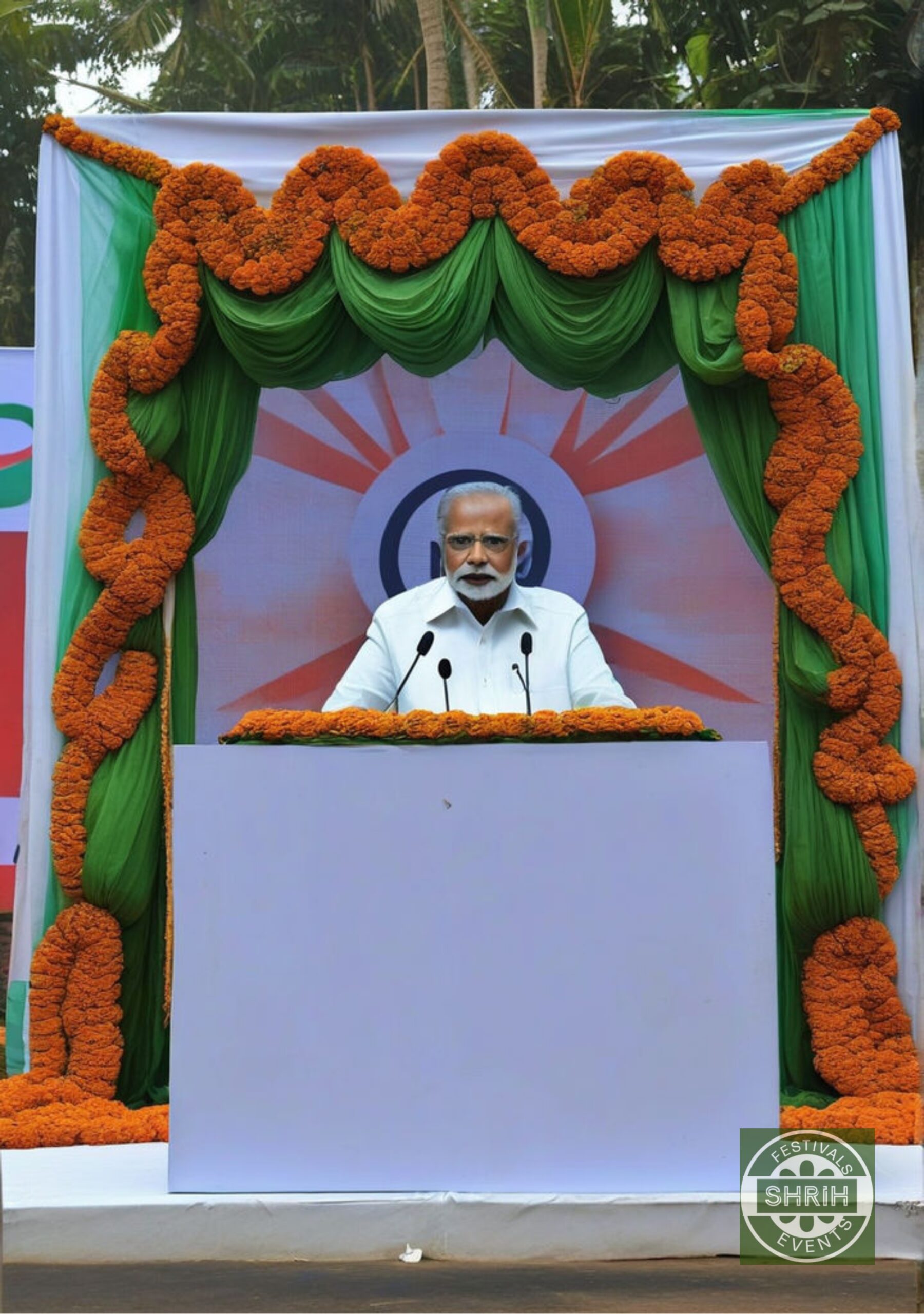 Independence Day ceremonial podium framed with saffron white and green floral decoration